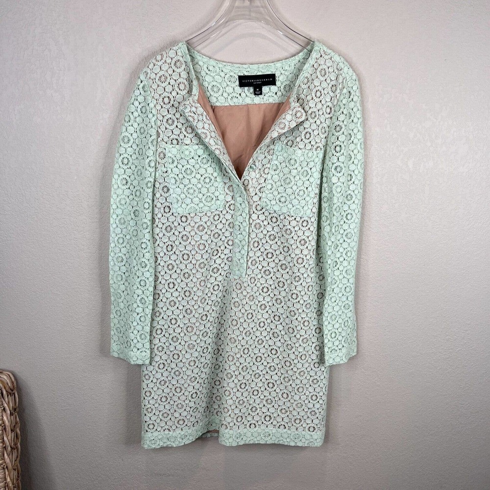 Victoria Beckham Women Lace Mini Dress Mint Green Long Sleeve Size M